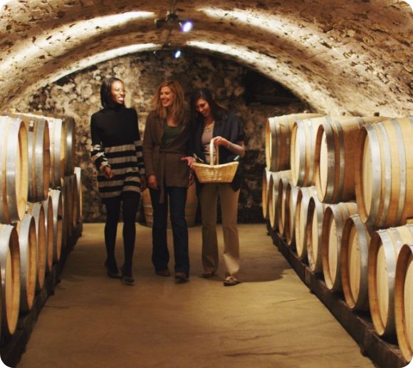 A group of ladies inside the old wine cellar at Wollersheim Winery. 